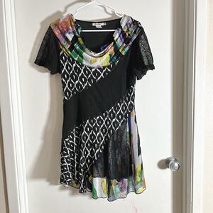 Feratelli Multi Fabric Patchwork Stretch Tunic Y2K Grunge Top MiniDress Sz S
